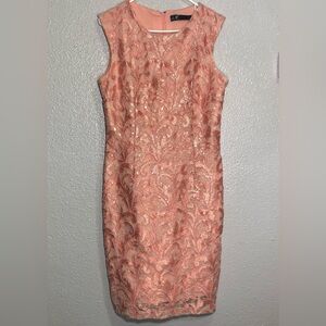 LF Leslie Fay Paisley Floral Pink Orange Coral Lace Sheath.Size 12 Sequins 19X41